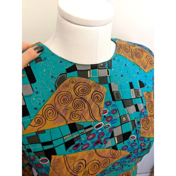 Vintage 80s Womens Two Piece Top & Skirt Set Abstract Blue Retro Statement Sz L - Picture 4 of 11